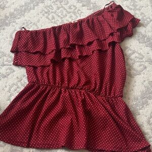 Women’s Red Polka Dot One-Shoulder Ruffle Top